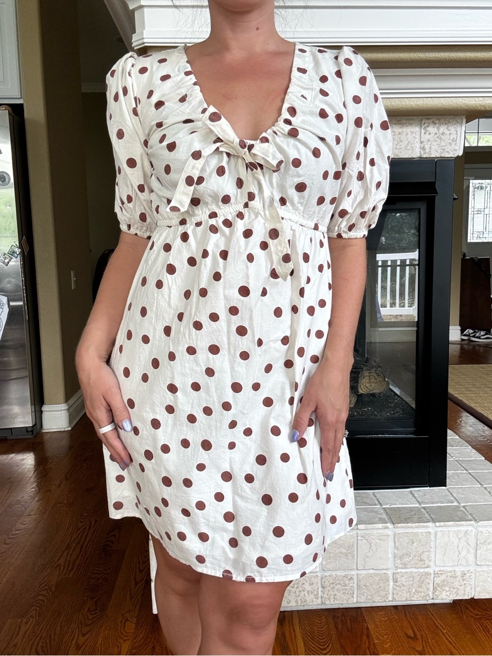 Sim&Sam Cream & Brown Polka Dot Puff Sleeve Mini Dress College Date Night